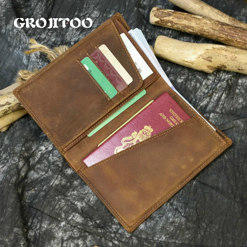 

GROJITOO Genuine Leather men passport bag crazy horse leather wallet For Men Large Capacity Purse Muti Fucition Long Wallet