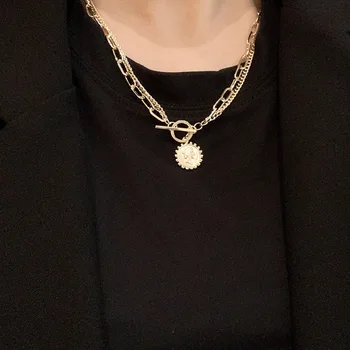 

ins hi-fi color restoring ancient ways of brass relief money like necklace hollow out the chain chain of clavicle