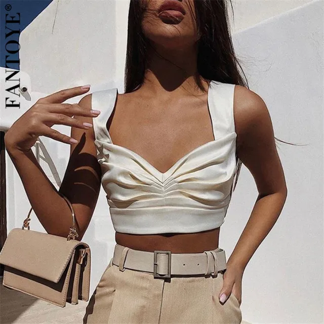 US $9.99 Fantoye Sexy Satin V Neck Women Camisole Tank Tops Casual Summer Silk Ruched Tops For Women Sleevel