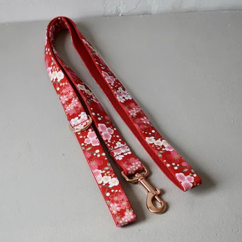 

Nice chinese red flower bow dog collar leash engrave free pet necklace straps for medium big small dogs rose gold buckle bowknot