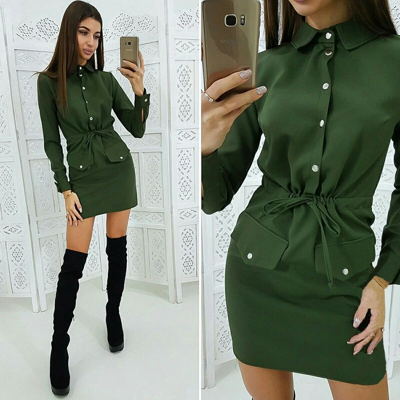 Cena Kobiety Casual Sashes Button obcisła sukienka skręcić w dół kołnierz z długim rękawem jednolita sukienka 2019 moda jesień Vintage elegancka Mini sukienka