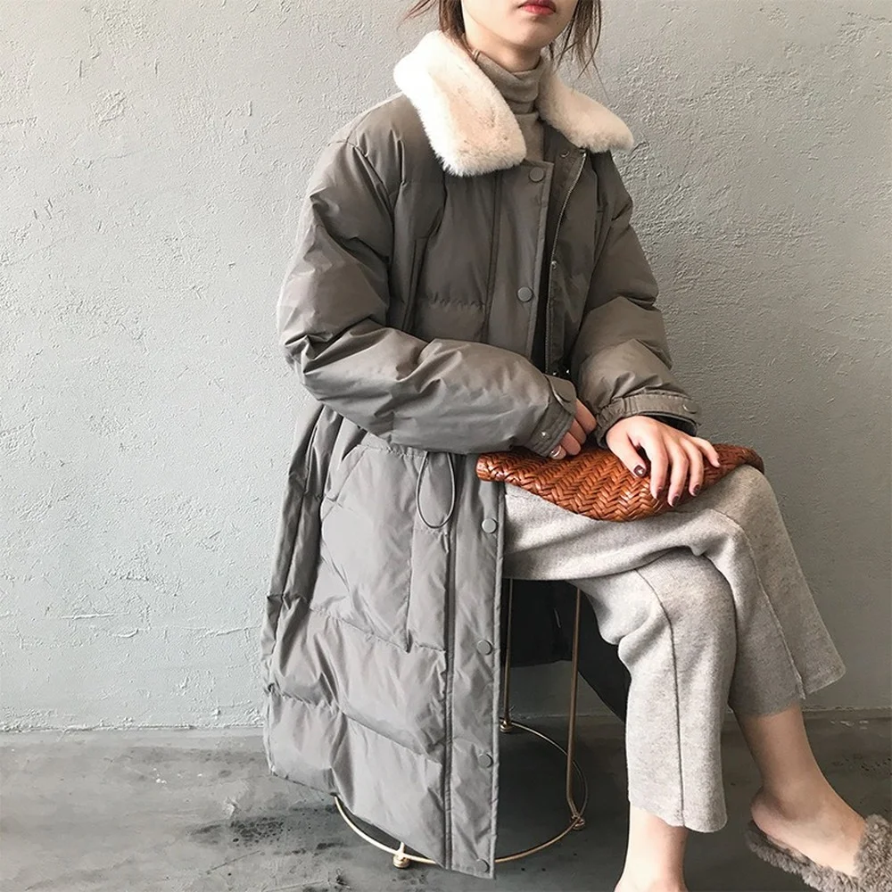 

Fur Collar Long Warm Cotton Jacket Cotton Padded Parka Patchwork Coats Turn Down Collar Solid Oversized Down Parkas Winter New