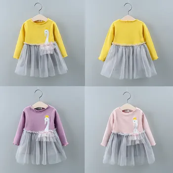 

Children Baby Girls Cartoon Swan Long Sleeve Embroider Grenadine Clothes Dress