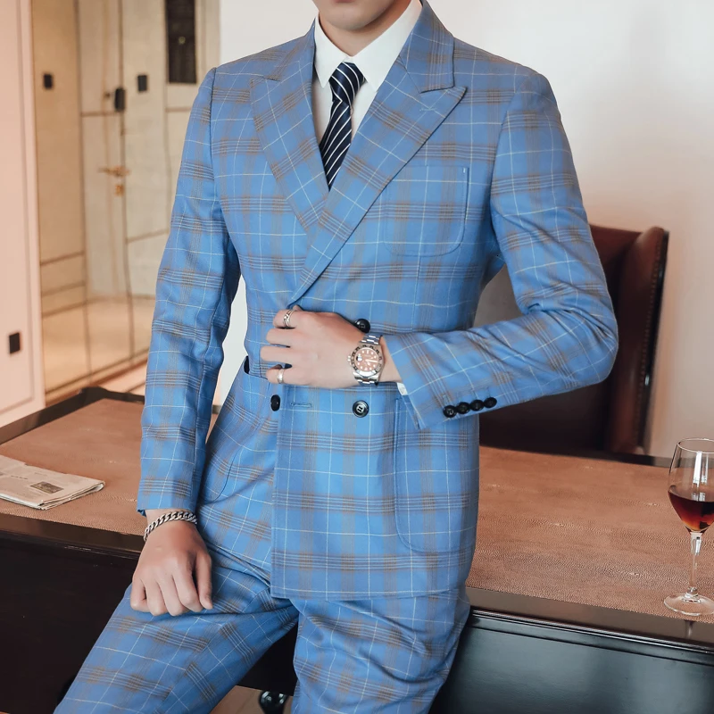 Trajes De Vestir Para Hombres, двубортные костюмы, Синие Клетчатые костюмы, мужские костюмы, мужские костюмы с брюками, клубный комплект из 3 предметов