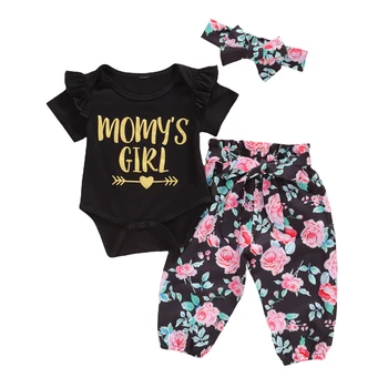 

Newborn Girl Floral Dress 3Pcs Short Sleeve Letter Romper + Pants + Headband Family Matching Baby Clothes Set