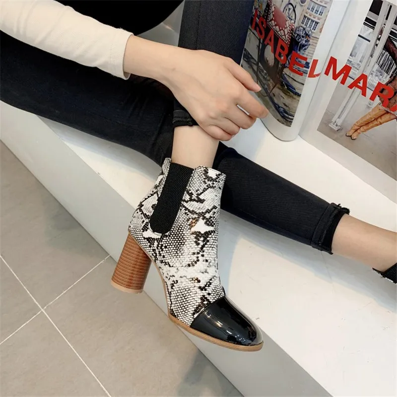 

large size women's fashion boots embossed snake stitching ladies high heels women shoes Square toe Chelsea short boots 34-48