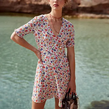 

2020 Spring Summer Women's V-neck Short Dress Floral Print Short Sleeve Vintage Beach Style A-line High Waist Dress