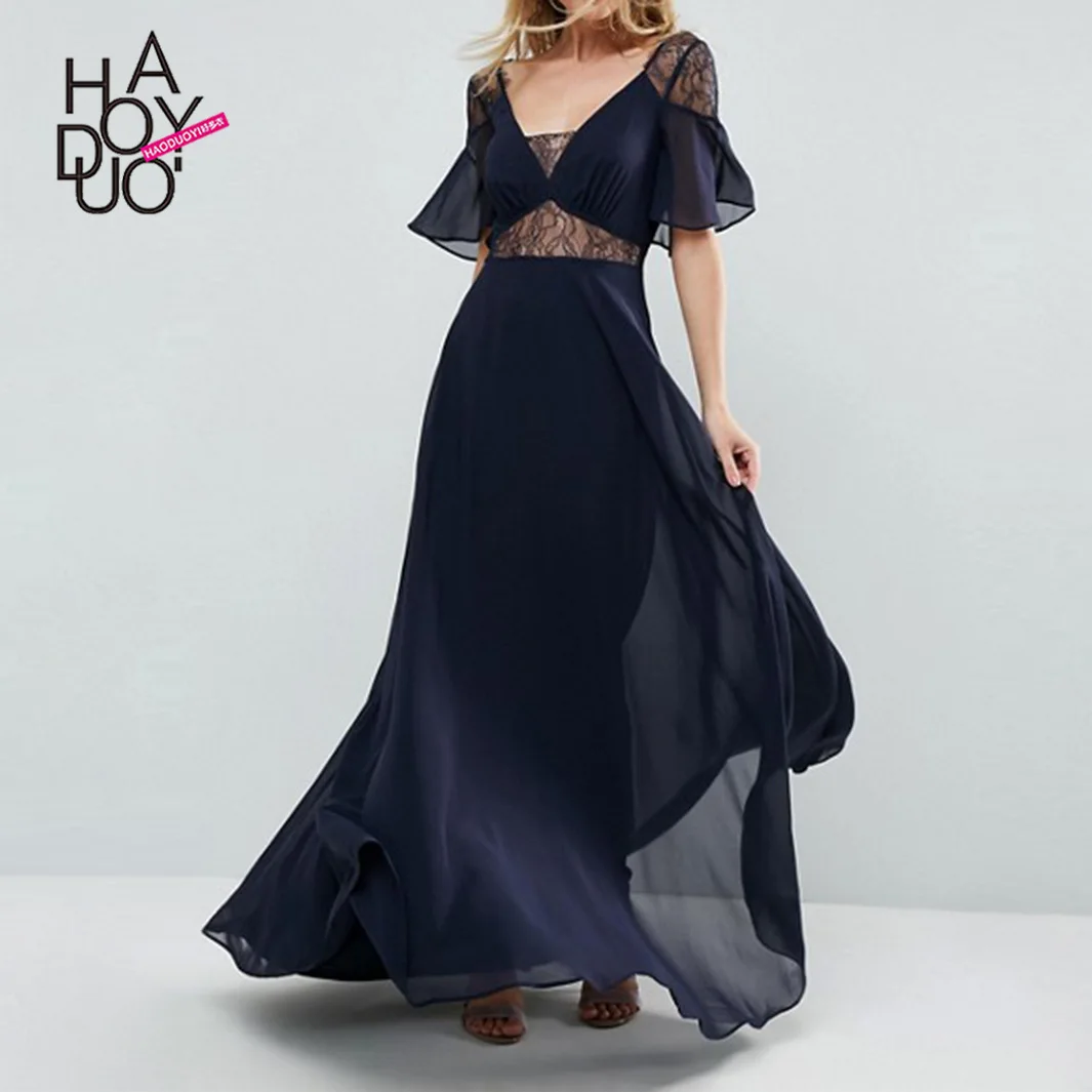

Haoduoyi Heat-Europe And America Fashion Sexy Elegant Lace Transparent Joint V-neck Backless Long Dress
