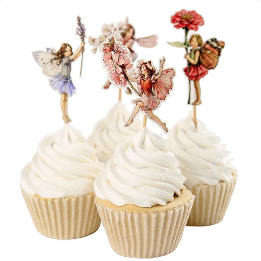 24pcs Assorted Pretty Flower Fairy Pixie Cupcake Topper Toothpicks Cake Decor Baby Shower
