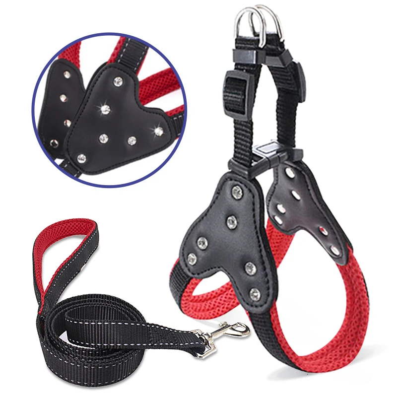 

New Nylon Large Dog Harness And Leash Set Breakaway Safety Quick Release Dog Harness Reflective High Quality Rhinestone Material