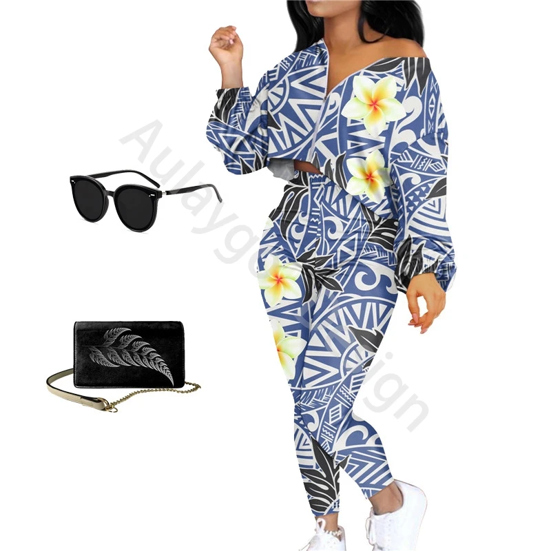 

Samoas Polynesian Tribal Women Set 2 Pieces Long Sleeve Coat And Pant 2021 Spring Autumn Sexy Club Outfits For Black Women's