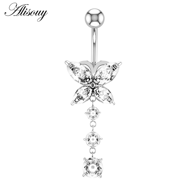 1pc Flower Heart Dangled Belly Navel Piercing Button Ring 14G Stainless Steel CZ Crystal Opal Ombligo Woman Body Jewelry