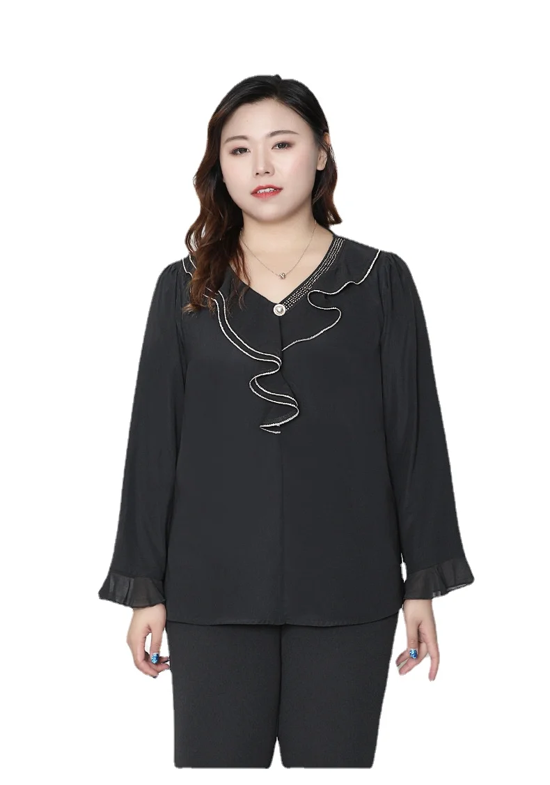 

Spring Autumn 4XL To 10XL Oversized Women Tops Ruffles Elegant Chiffon Shirts Black Blouse for Ladies Blusas Mujer T61132