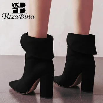 

RIZABINA Ankle Boots For Women Sexy Pointed Toe Winter Warm Fur Shoes Women Fashion Suede Office High Heel Boots Size 34-43