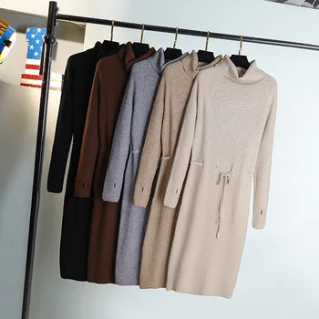 

2020 Spring And Autumn Women Pullovers New Loose Tie Long Paragraph Over The Knee Knit Fashion Wild Lapel Sweater Dress DL88007