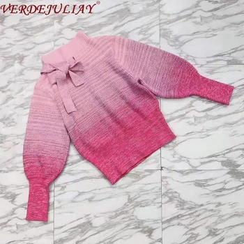 

VERDEJULIAY 2020 Spring New Runway Design Puff Sleeve Knitting Women Turtleneck Elegant Bow Gradient Pink Sweet Style Sweater