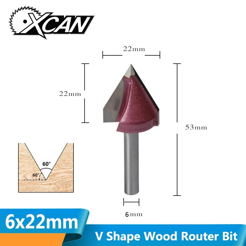 

XCAN 1 Piece Diameter 22mm V Shape 60 Degree Milling Cutter Wood Router Bits Shank 6mm Wood Groove Milling Cutter