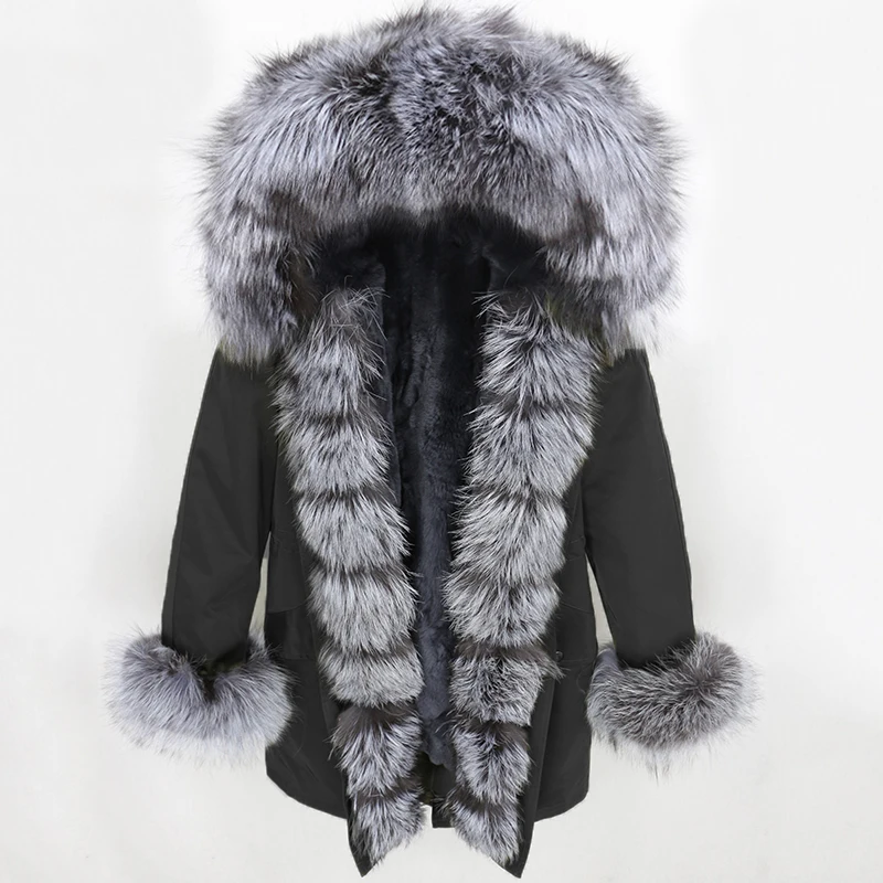 black silver grey OFTBUY, водонепроницаемая парка, натуральное меховое пальто, зимняя куртка для женщин, воротник из натурального меха енота, капюшон, подкладка из натурального кроличьего меха, съемная - Цвет: black silver grey