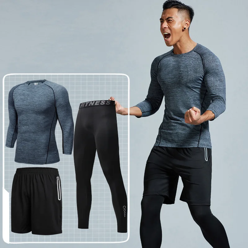 

Three-piece Set Running Sports Set Men's Autumn And Winter Fitness Ultra-stretch Quick-Dry Basketball Football Morning Run Tight