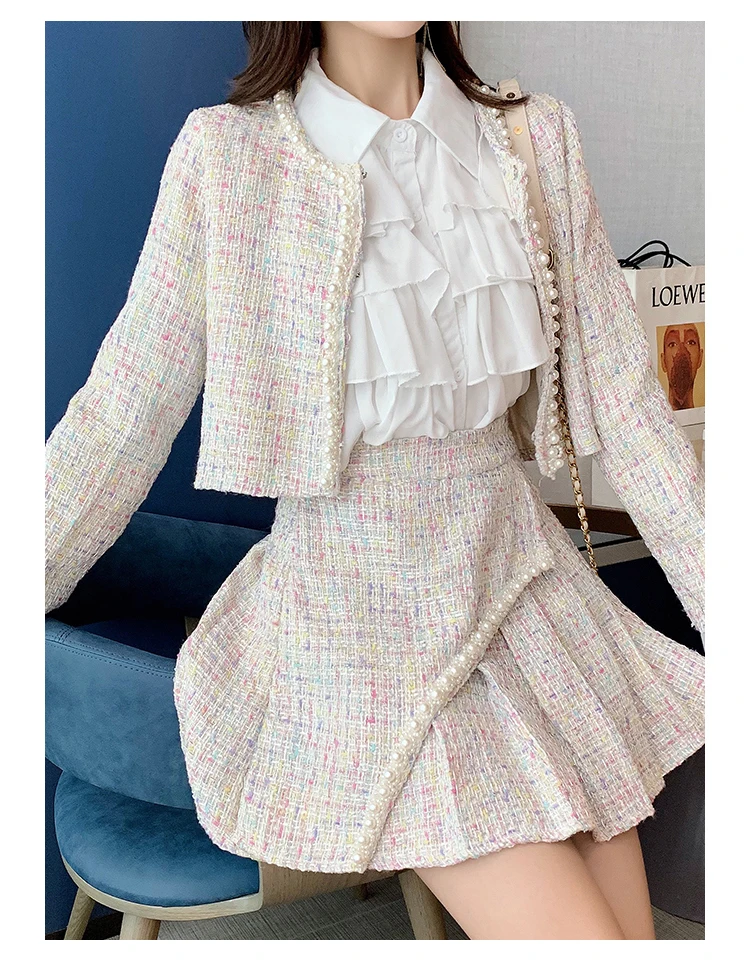 Зимний женский твидовый комплект из 3 предметов, Модная тонкая короткая куртка с жемчугом+ плиссированная мини Короткая юбка, костюм