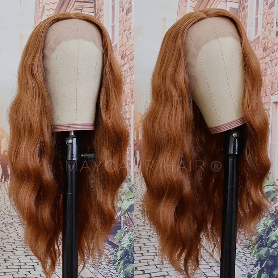 Maycaur #30B Ginger Color Wavy Synthetic Lace Front Wigs Heat Resistant Fiber Glueless Hair for Black Women (2)