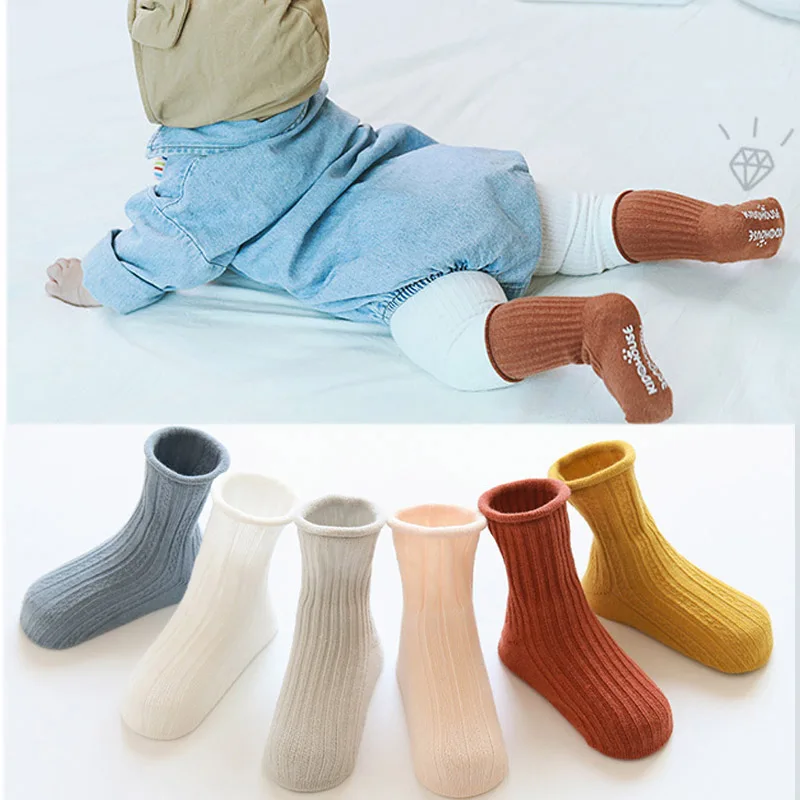 Однотонные мягкие носки с принтом для новорожденных нескользящие носки для маленьких мальчиков и девочек