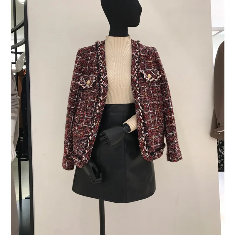 lower price  New Womens Black Tweed Jackets Plaid Coats Autumn Small Fragrance Long Sleeve Elegant Tassel Jacket