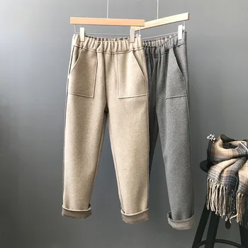 

Woolen Harem Pants New Spring Autumn All-match Elastic Waist Students Suits Pants Solid Color Loose Female Ankle-length Trousers