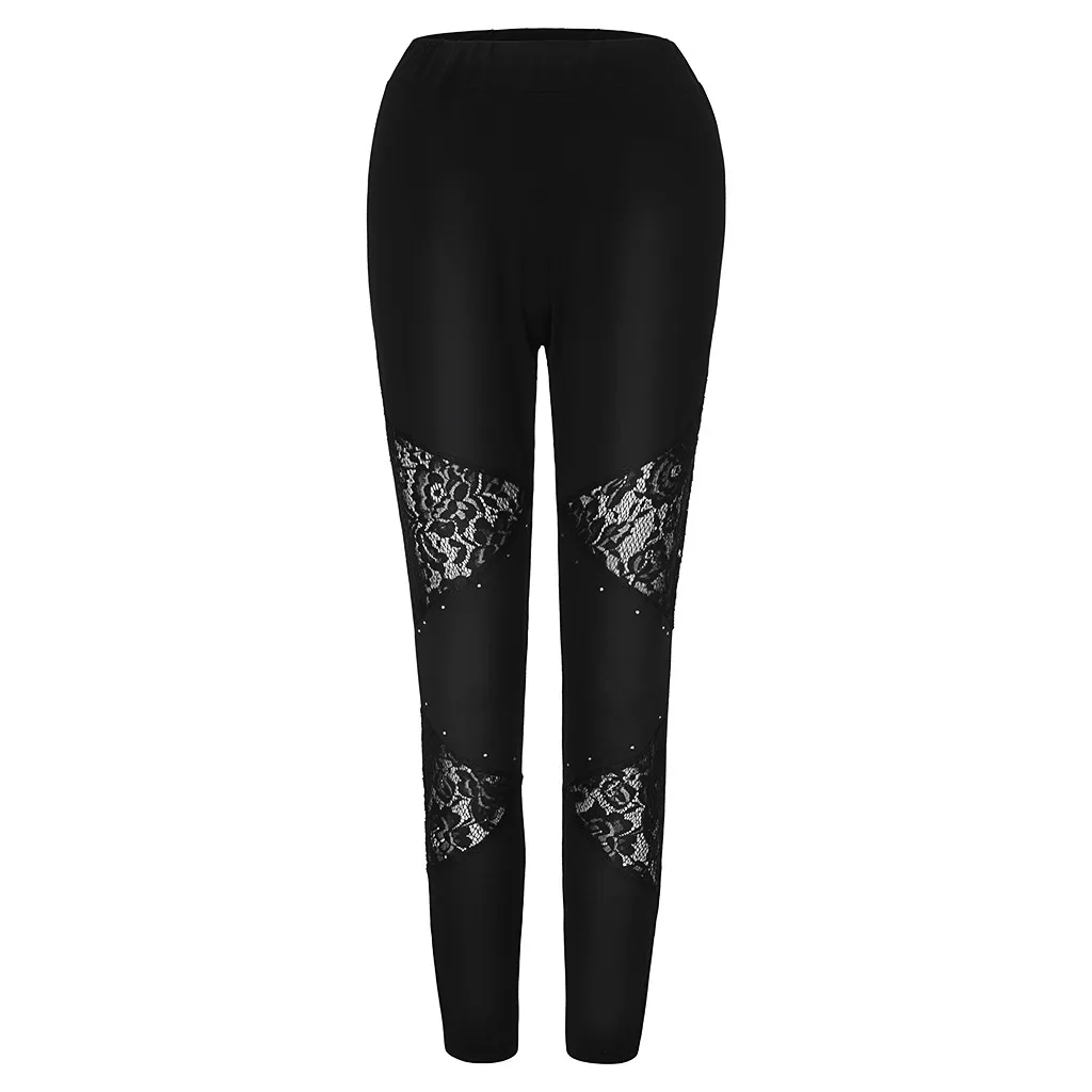 Women Leggings Elastic Waist Perspective Studded Lace Splice Casual Slim Workout Leggings Pants Jeggings Leggins mujer W10