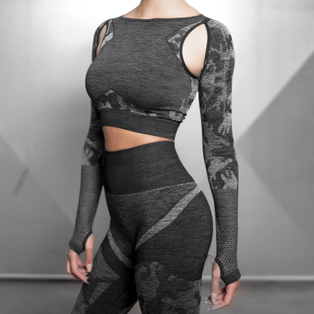 Athena Camo бесшовный укороченный топ, кружевные рубашки для тренировок, Coffe, открытая рубашка для йоги, с длинным рукавом, Tumb Hole, спортивная одежда для женщин, для тренажерного зала