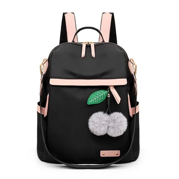 

2020 New Quality Hair Ball Pendant Backpack Waterproof Simple College Wind Bag Youth Girl Travel Backpack