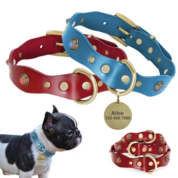 

Adjustable Genuine Leather Dog Collar Pet Puppy Collar Engraved ID Tag For Small Medium Dogs French Bulldog Collars