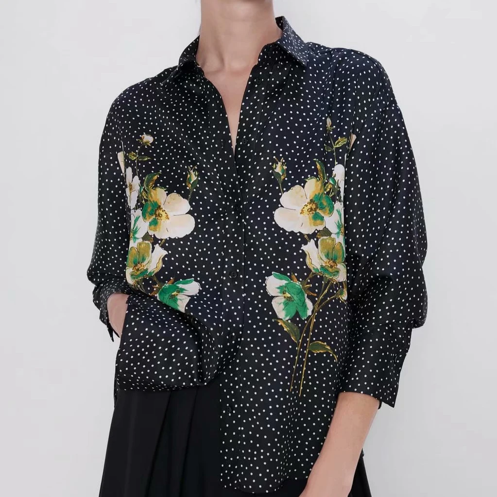 

2019 Autumn New Floral Print Wave Point Blouse Black Streetwear Casual Loose Long Sleeve Polka Dot Cardigan Women Tops
