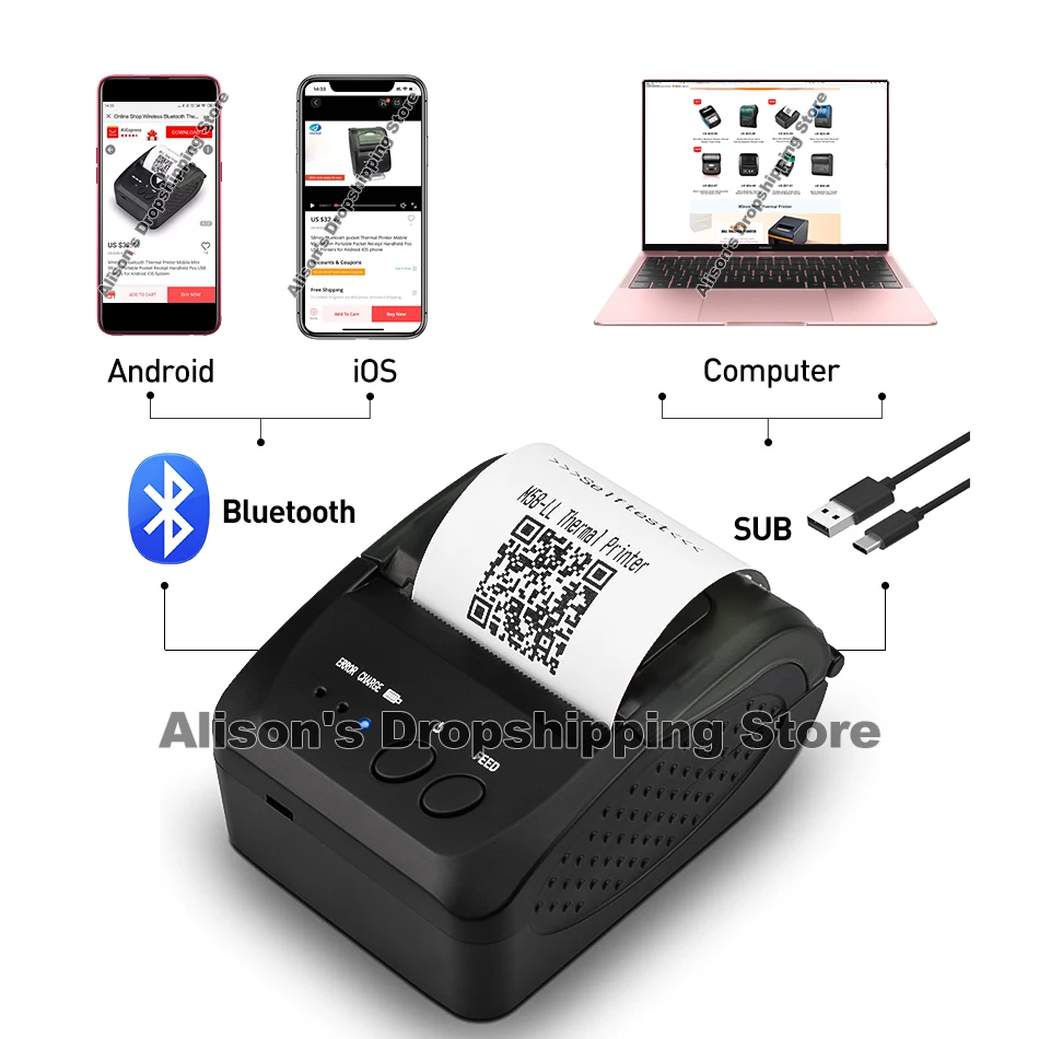 58 мм Мини Bluetooth Термопринтер для чеков с бумажным чехлом переноски на