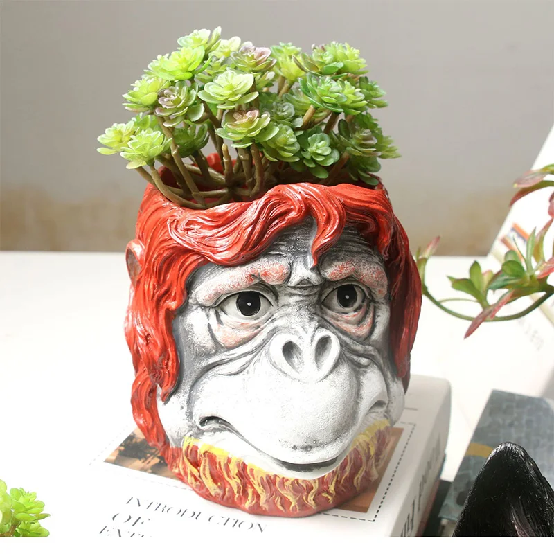 Strongwell Monkey Head Flower Pot Container Garden Apes Head Figurine Garden Planter Pot Desktop Home Decoration Birthday Gift