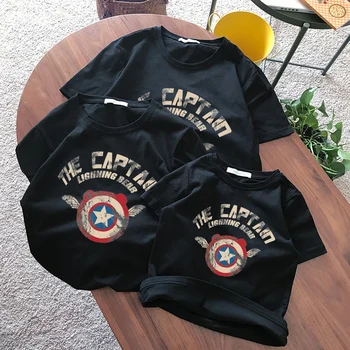 

Family of three or four parents summer child dad mom Short sleeve Half sleeve Captain America T-shirt Cute cartoon print home