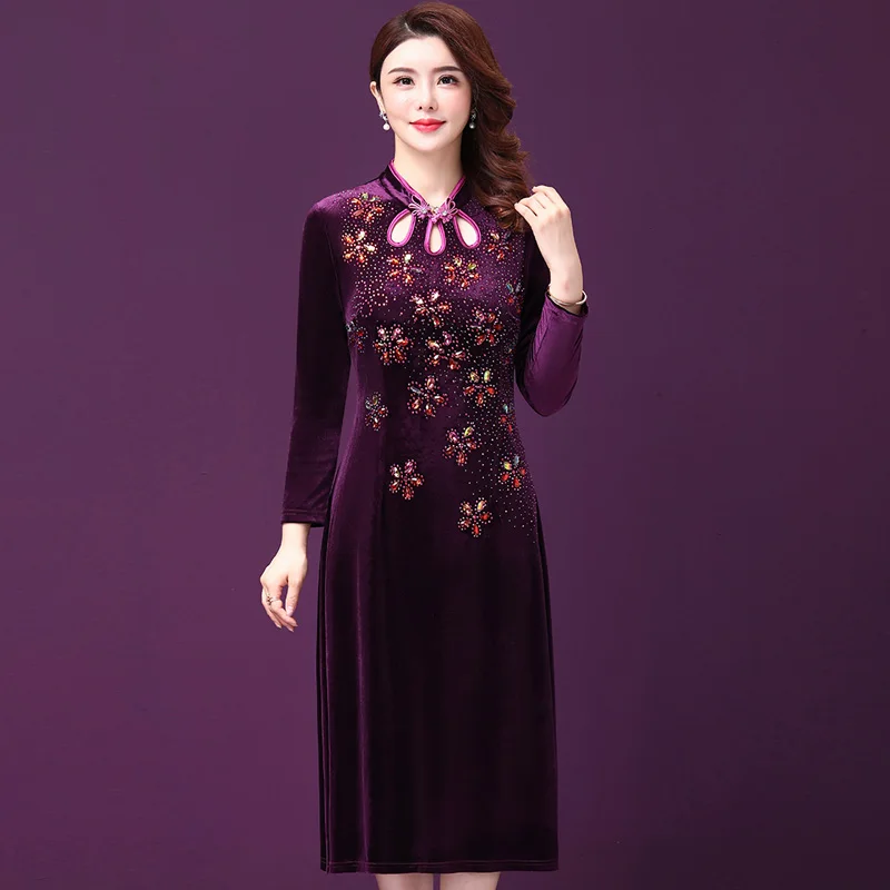 

2018 Spring Fall Woman Clothes , Daimond Purple Long Sleeve Velour Qipao Dress for Women , Womens 5xl Cheongsame Dresses