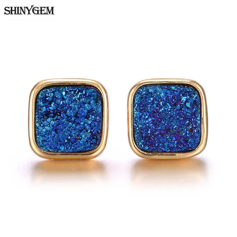 

ShinyGem Fashion 10mm Square Natural Crystal Quartz Earrings Sparkling Colorful Gold Plating Bezel Stud Earrings For Women Gift