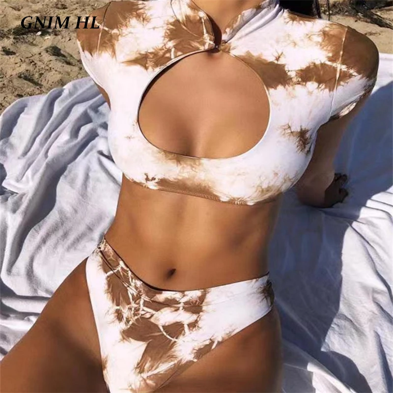 

GNIM High Waist Brazilian Bikini Swimwear 2019 Sexy Hollow Out Push Up Swimsuit Women Printed Bathing Suit Two Piece Biquini Set