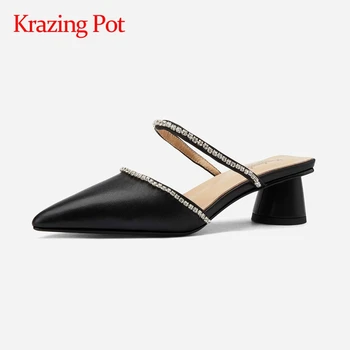 

Krazing Pot grain leather rhinestone fashion pointed toe med strange heel slip on mules office lady dress women summer pumps L43