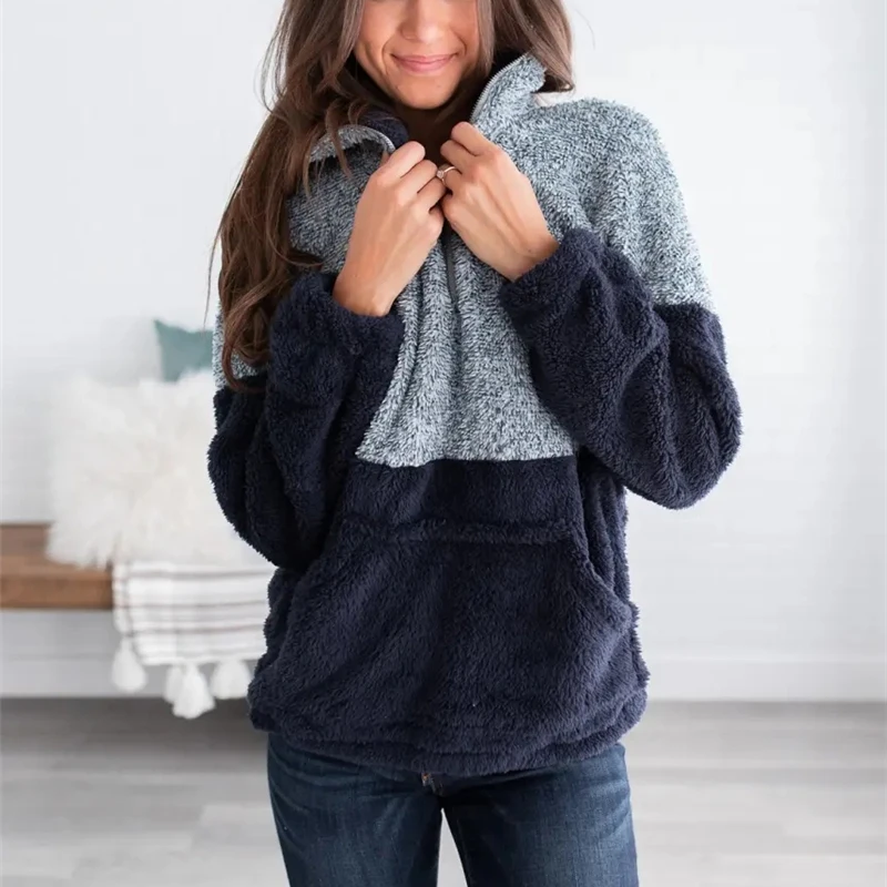 

Autumn Winter Long Sleeve Women Hoodies Faux Fur Hoodies Ladies Patchwork Plush Casual Sweatshirt Pullovers WLD872