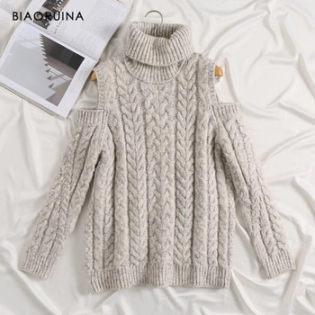 

BIAORUINA Women's Vintage Twist Off-the-shoulder Knitted Turtleneck Sweater Female Loose Fashion Thick Warm Pullovers