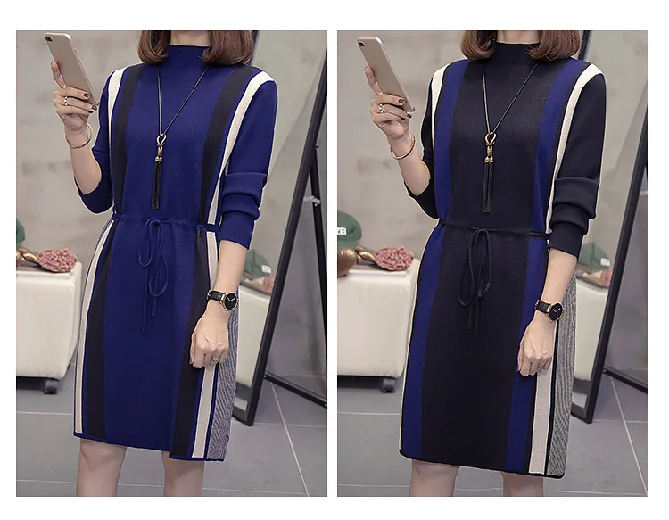 New Autumn Winter Women Knitted A-line Dress Fashion Striped Patchwork Dresses Plus Size Casual Ladies Pull femme Vestidos L4344