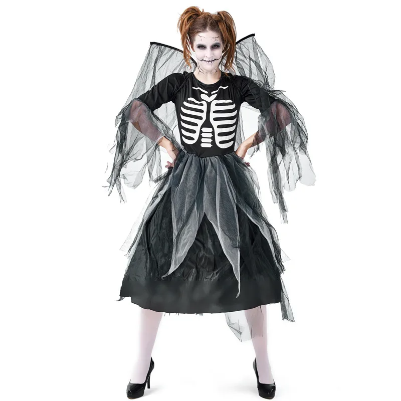 Halloween Skeleton Bone Devil Costume Wings Zombie Scary Outfit Women Fallen Angel Gothic Skull Dress Horror For Adult Kid Girls |