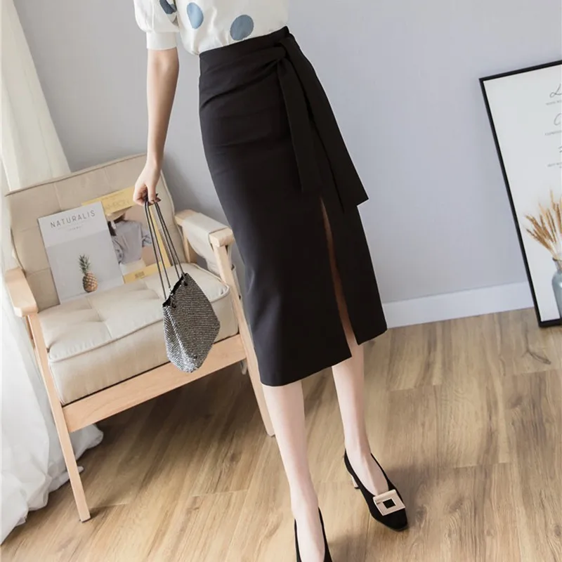 Офисная Женская юбка, женская элегантная темпераментная юбка с высокой талией и разрезом, модная трендовая Однотонная юбка