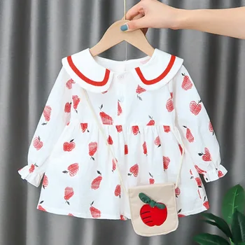 

Newborn Baby Dress Autumn Long Sleeve Girls Dress 2Pcs Baby Girls A-Line Fruit Print Princess Dresses with Cute Bags