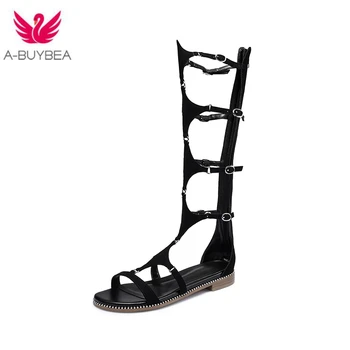 

A-BUYBEA 2020 New Summer Flat with Women's Boots Size 34-39 Square Toe Zipper Women Shoes Rome Style Wild Knee-High Boots