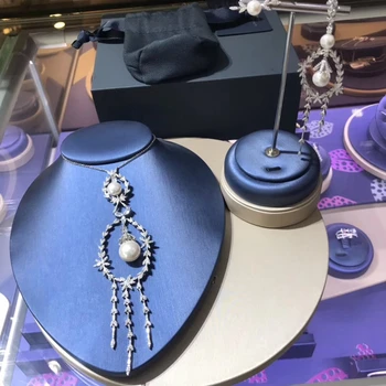 

Olive Leaves Wheat Ears Tassel Charm Necklace Freshwater Pearl Earrings Jewelry Set 925 Silver Micro Zirconia Women Brand Design