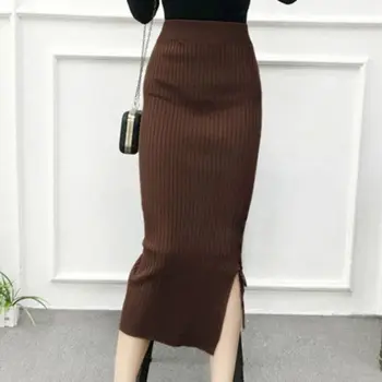 

Women Solid Lace Up Split Skirts Fashion Knitted Skirts High Waist Slim Pencil Skirt Hip Lift Midi Skirt