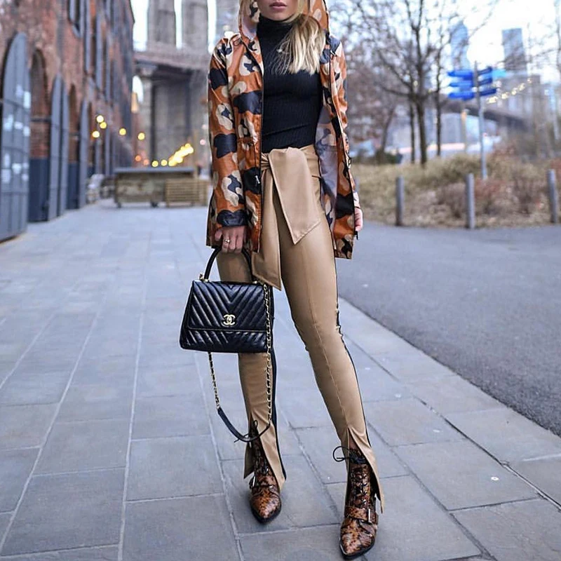 Cena InstaHot Highstreet czarny falbany paskiem w talii PU skórzany ołówek pełnej długości Hem rozcięcia spodnie kobiety jesień wyjściowa obcisłe spodnie